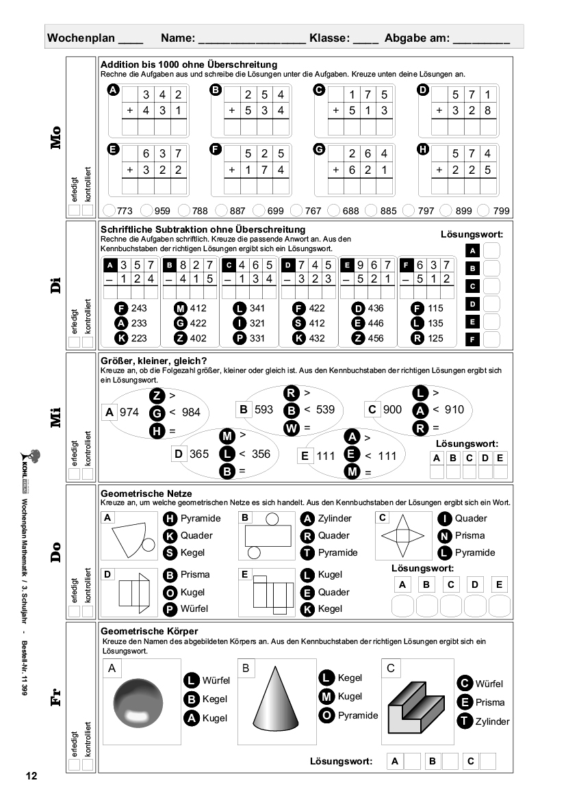 Wochenplan Mathe / Klasse 3