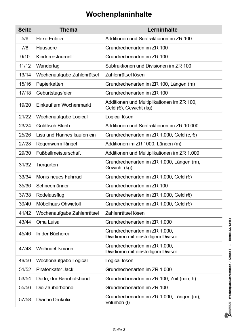 Wochenplan Sachrechnen / Klasse 3