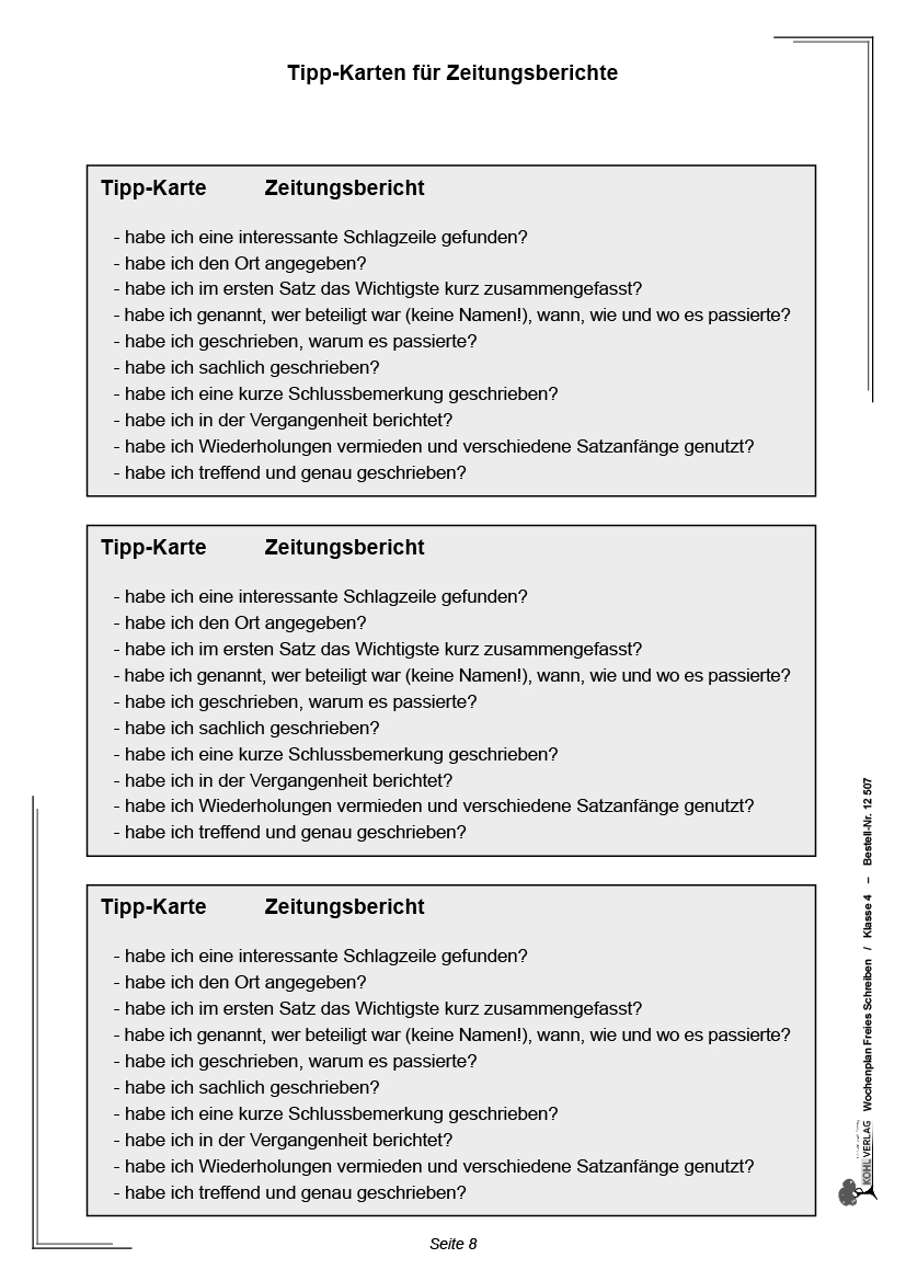 Wochenplan Freies Schreiben / Klasse 4