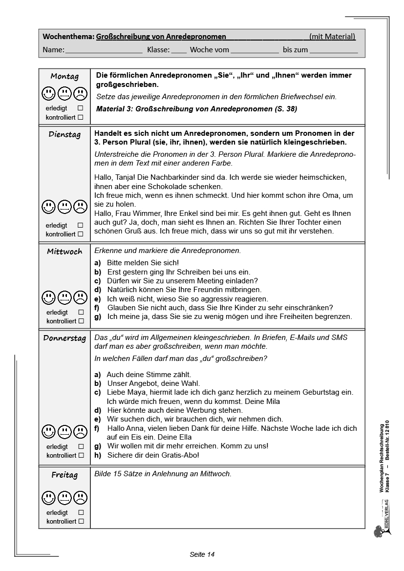 Wochenplan Rechtschreibung / Klasse 7