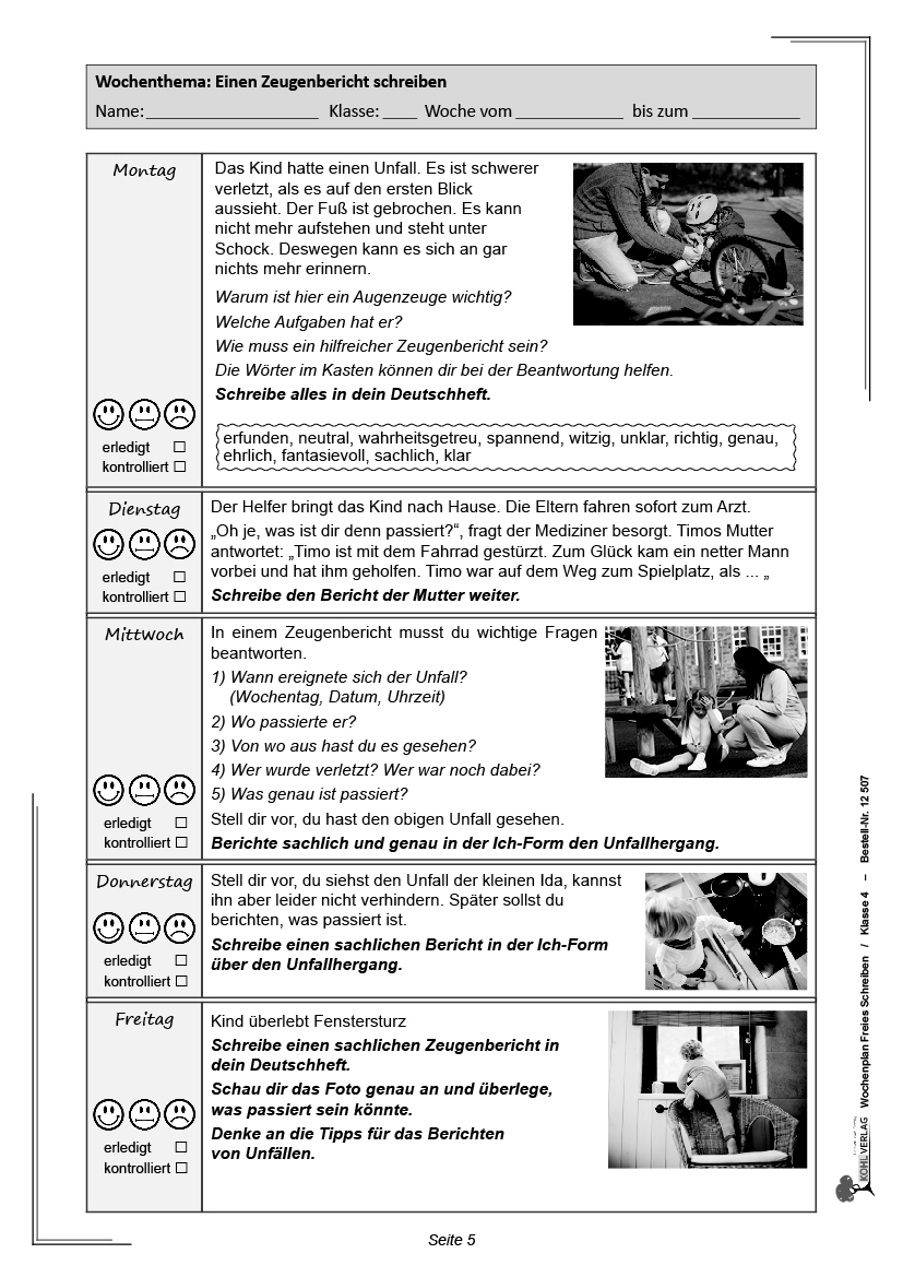 Wochenplan Freies Schreiben / Klasse 4