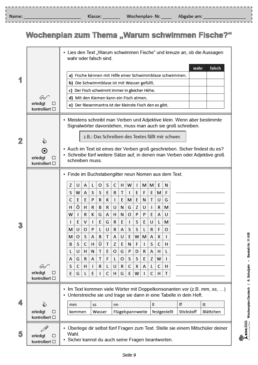 Wochenplan Deutsch / Klasse 6