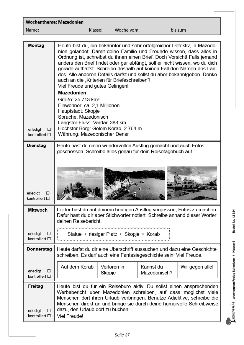 Wochenplan Freies Schreiben / Klasse 5