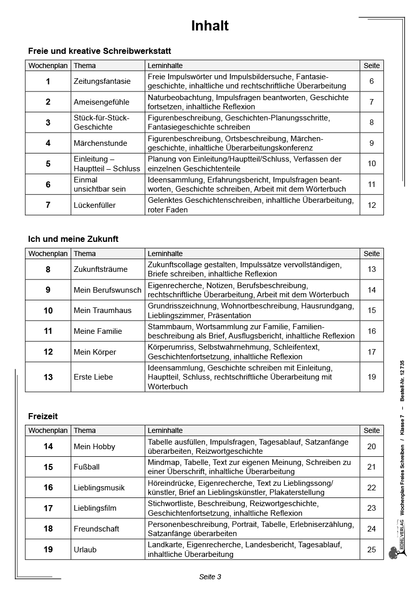 Wochenplan Freies Schreiben / Klasse 7