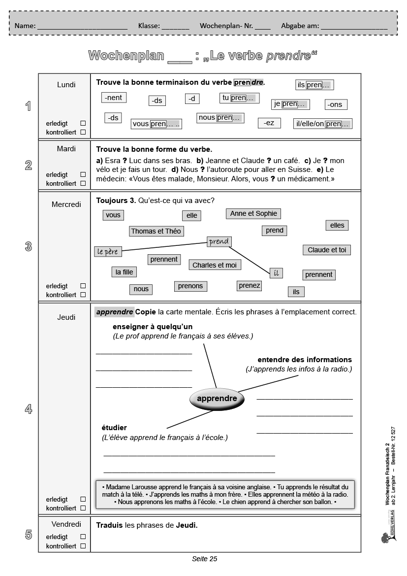 Wochenplan Französisch / ab 2. Lernjahr