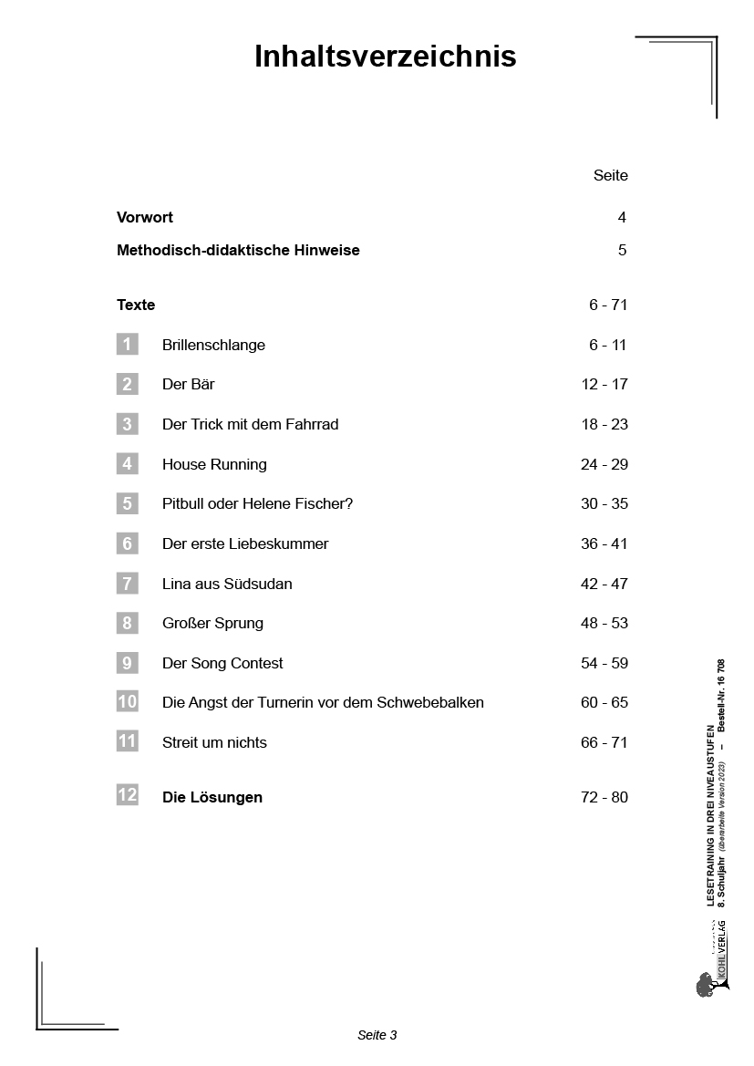 Lesetraining in drei Niveaustufen / Klasse 8