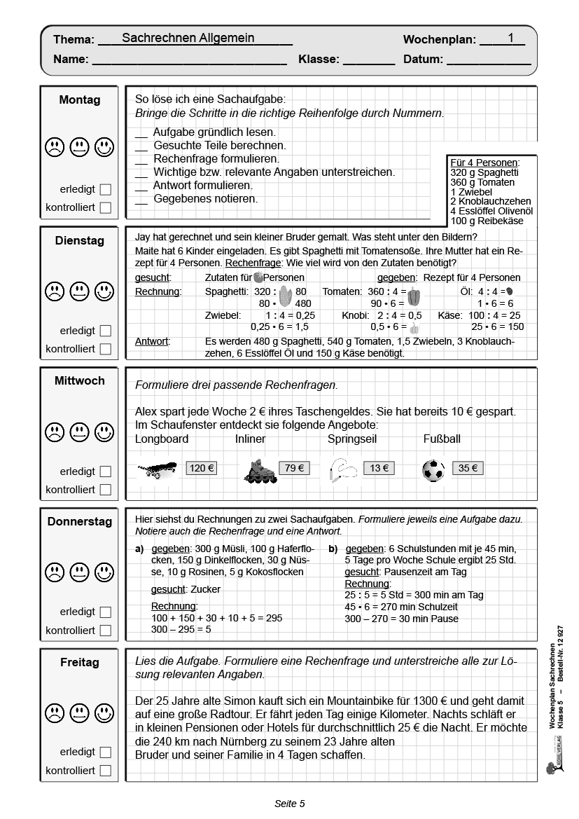 Wochenplan Sachrechnen / Klasse 5