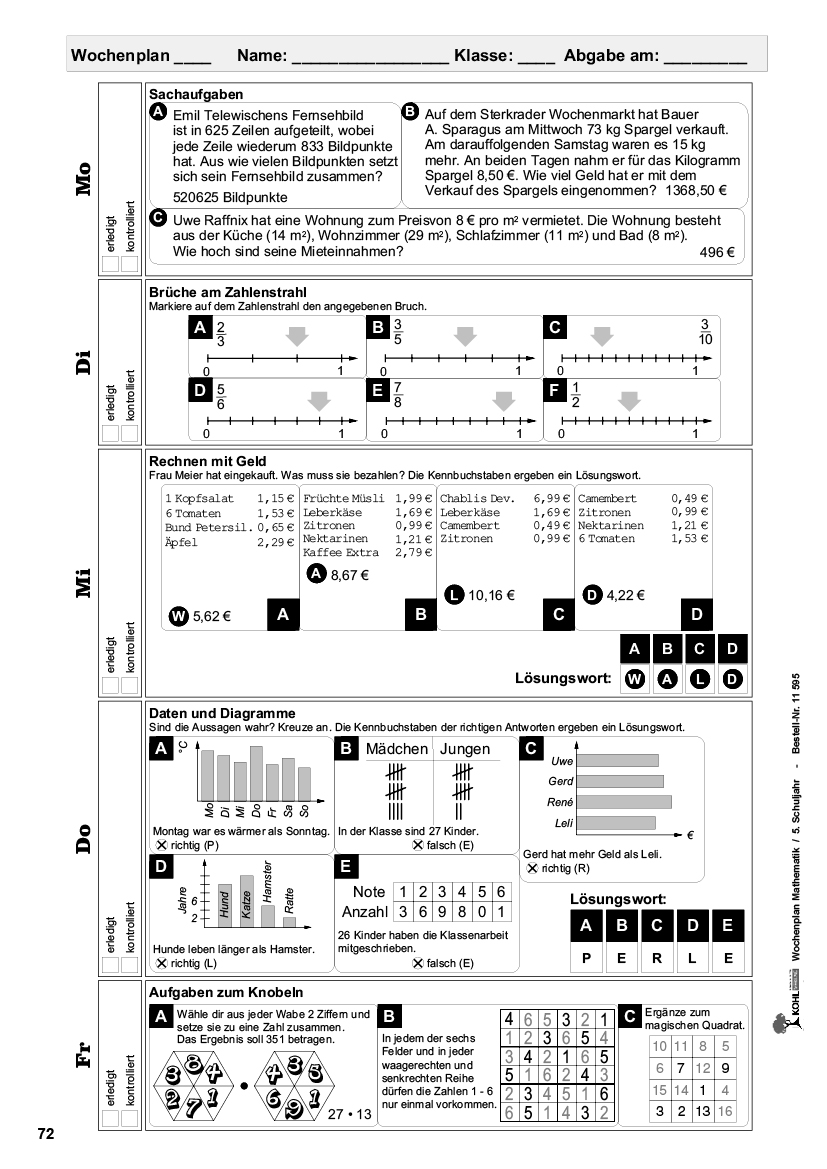 Wochenplan Mathe / Klasse 5