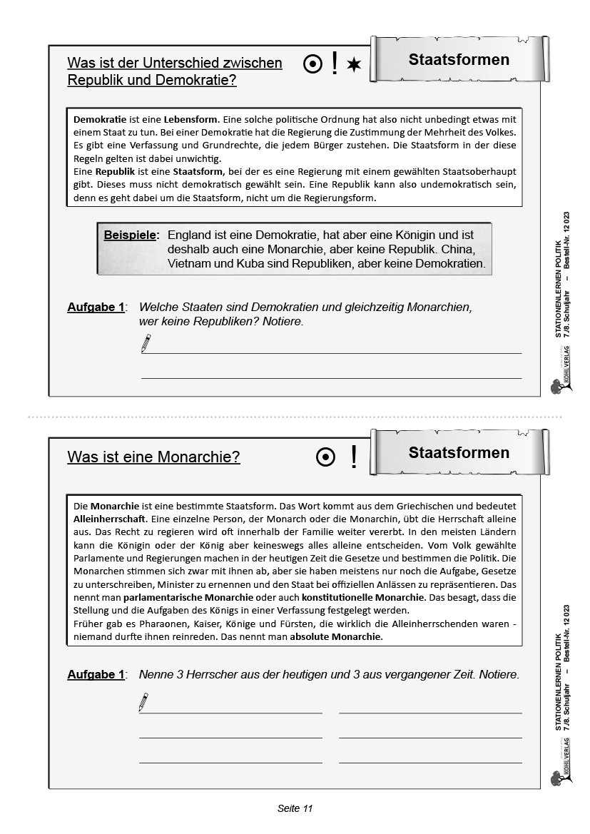 Stationenlernen Politik / Klasse 7-8