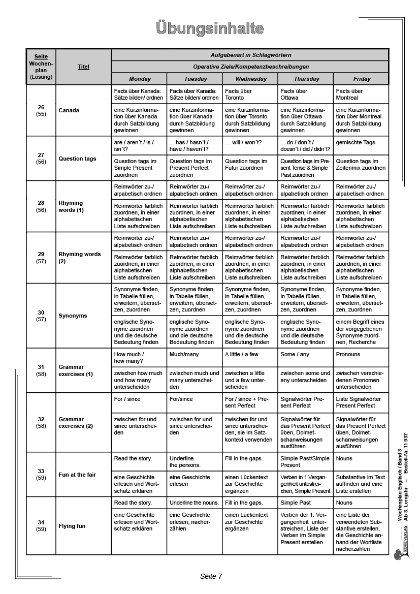 Wochenplan Englisch 3 - Ab 3. Lernjahr