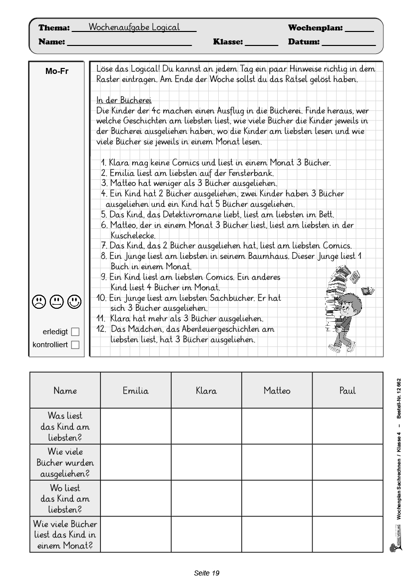 Wochenplan Sachrechnen / Klasse 4