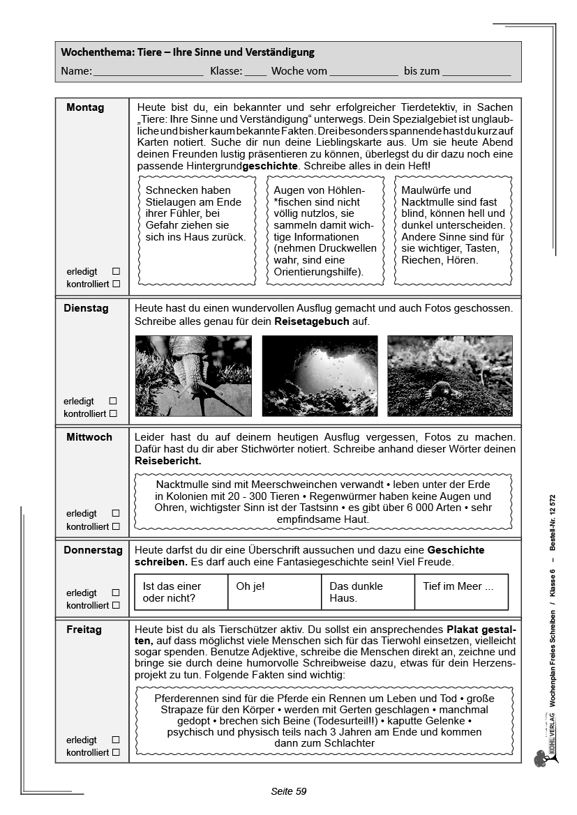 Wochenplan Freies Schreiben / Klasse 6