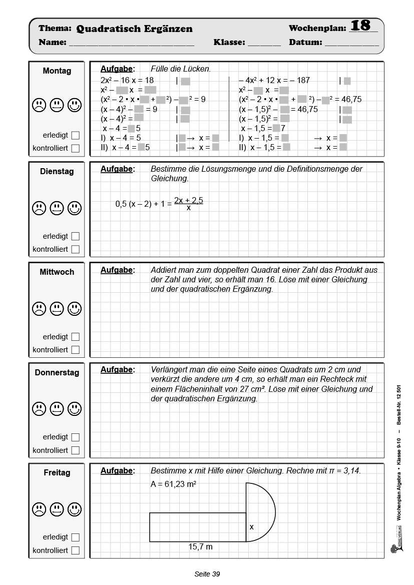 Wochenplan Algebra / Klasse 9-10