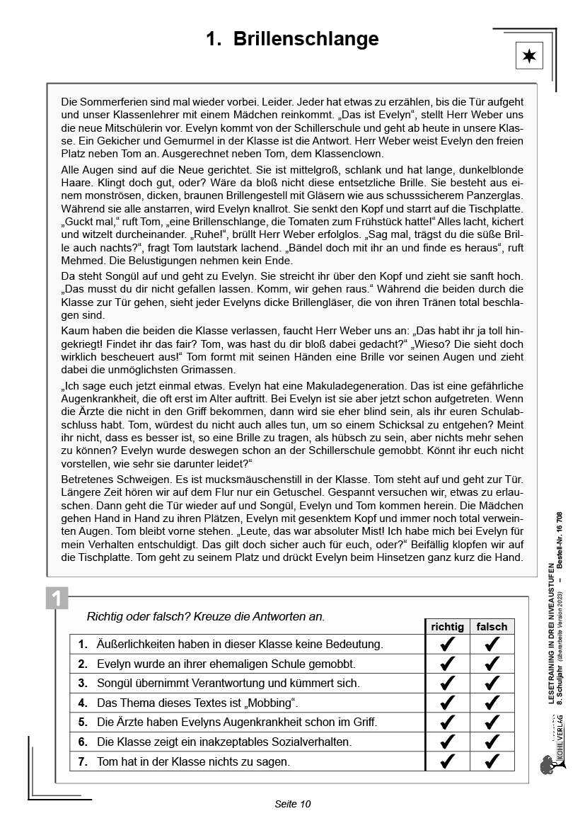 Lesetraining in drei Niveaustufen / Klasse 8