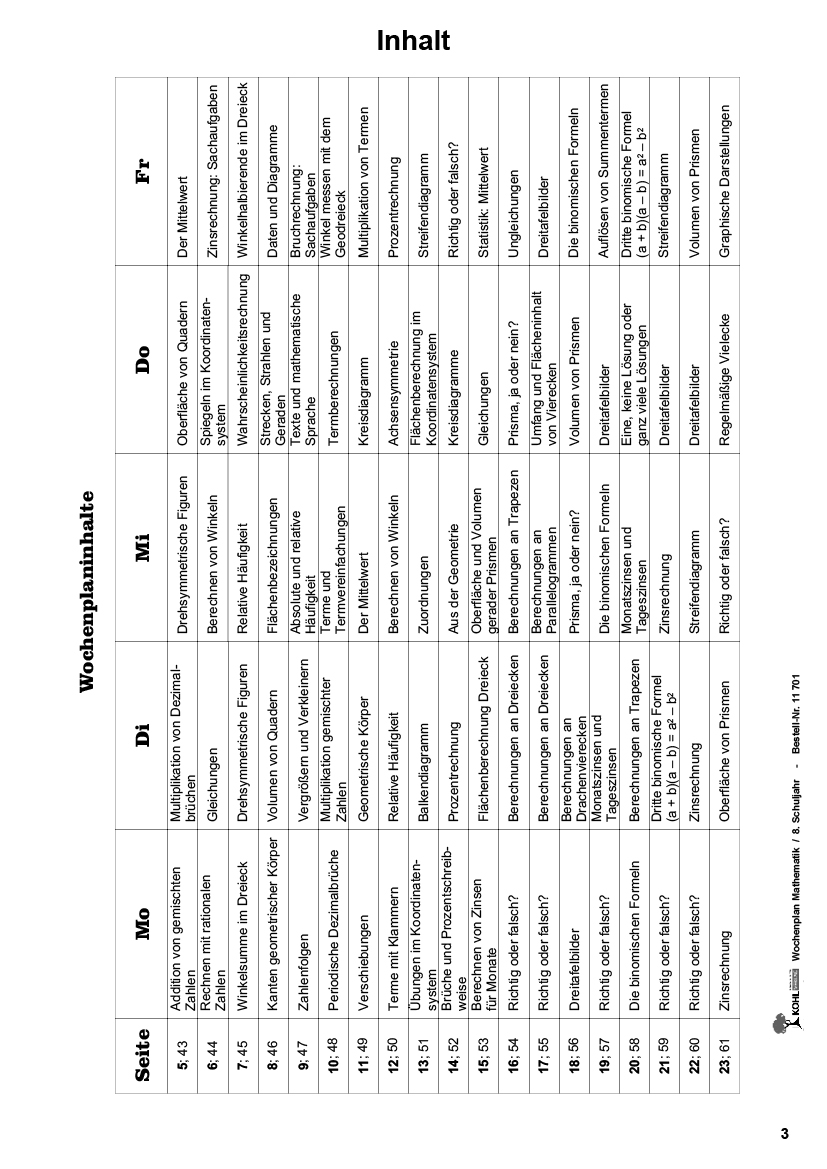 Wochenplan Mathe / Klasse 8