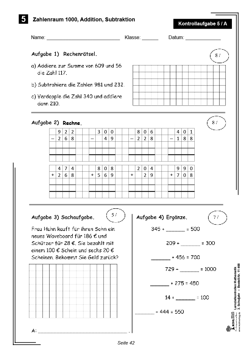 Lernzielkontrollen Mathematik / Klasse 3