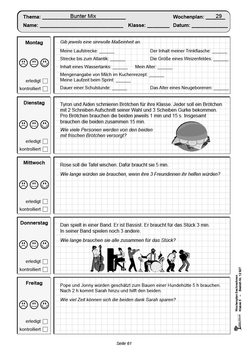 Wochenplan Sachrechnen / Klasse 5