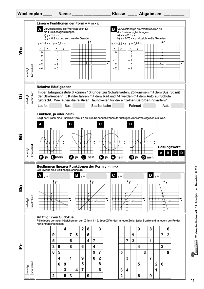 Wochenplan Mathe / Klasse 9