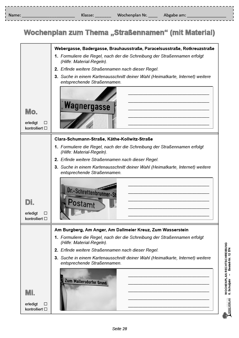 Wochenplan Rechtschreibung / Klasse 6