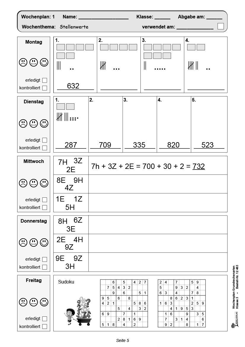 Wochenplan Grundrechenarten / Klasse 3