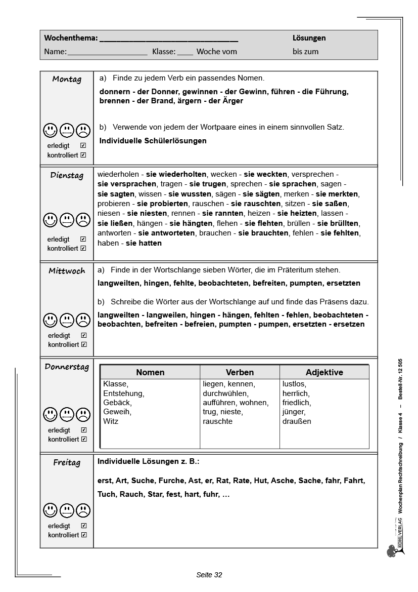 Wochenplan Rechtschreibung / Klasse 4