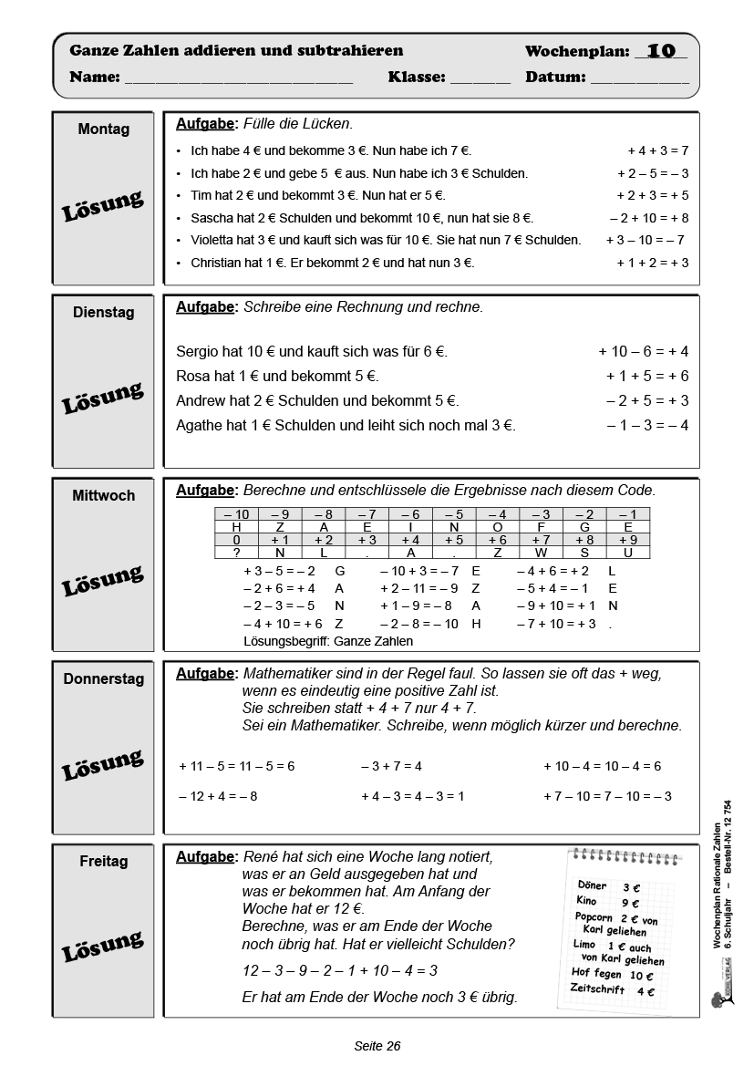 Wochenplan Rationale Zahlen / Klasse 6