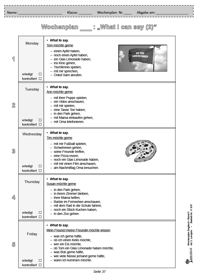 Wochenplan Englisch 3 - Ab 3. Lernjahr