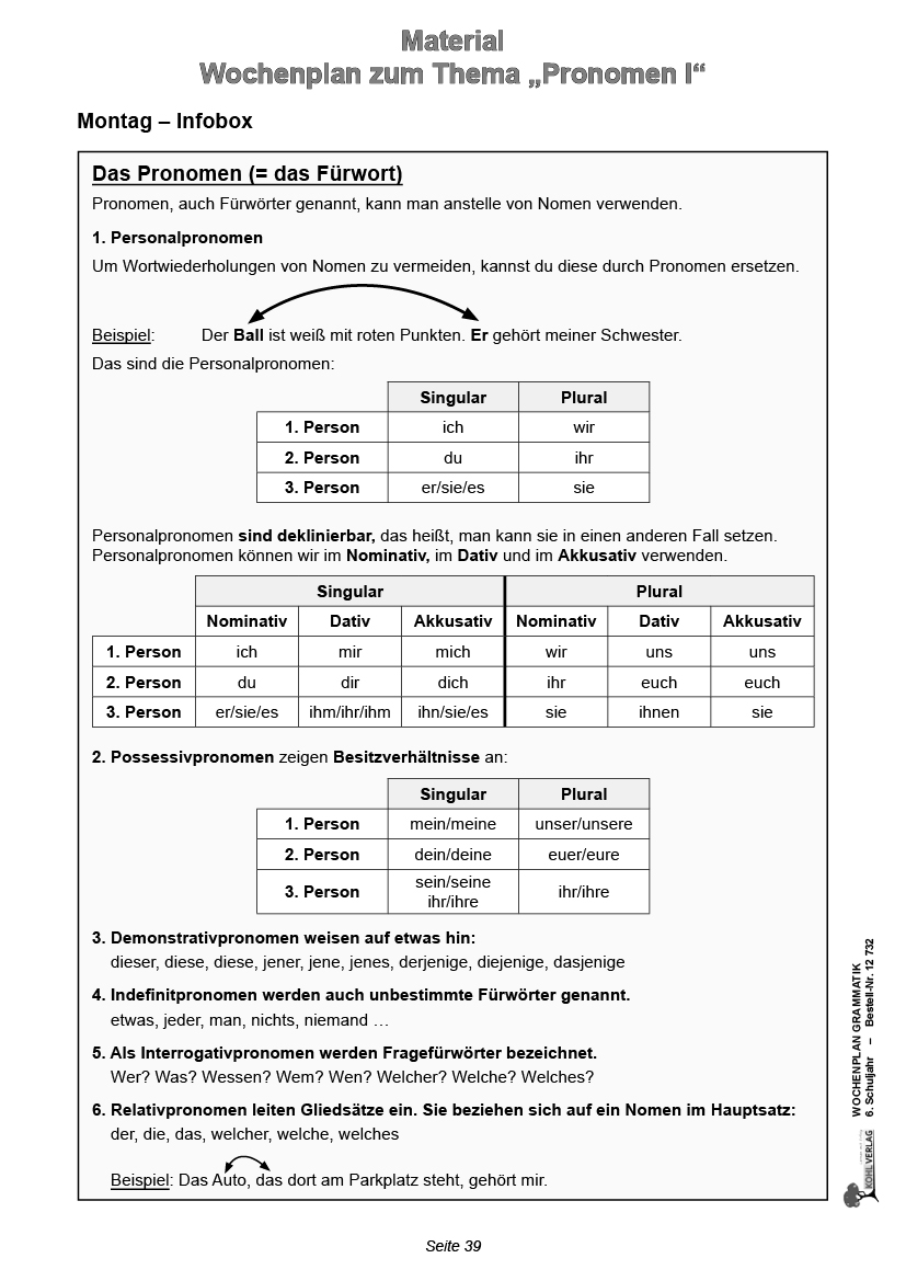 Wochenplan Grammatik / Klasse 6