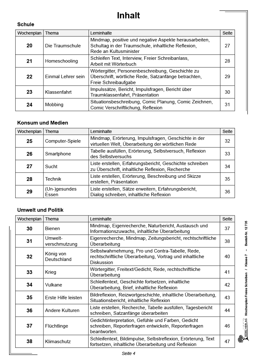 Wochenplan Freies Schreiben / Klasse 7