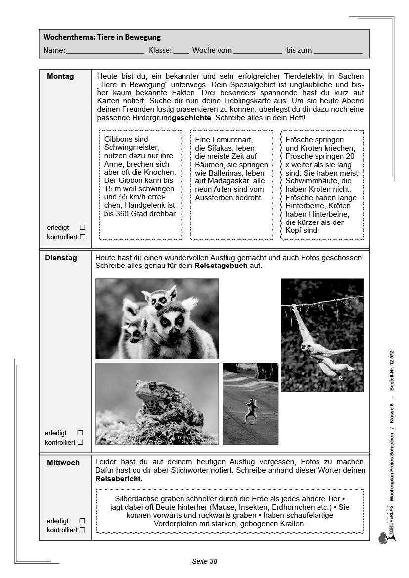 Wochenplan Freies Schreiben / Klasse 6