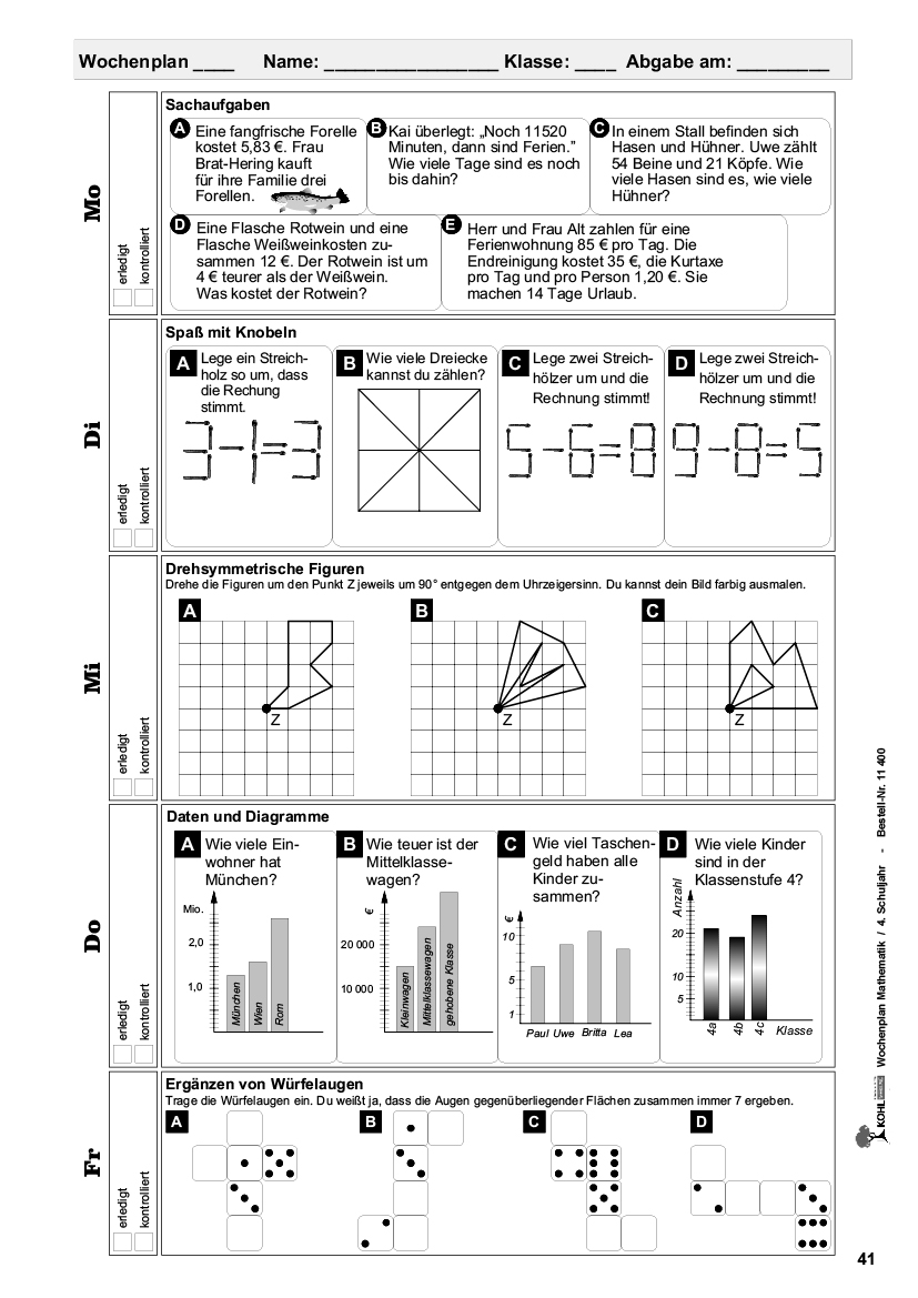 Wochenplan Mathe / Klasse 4