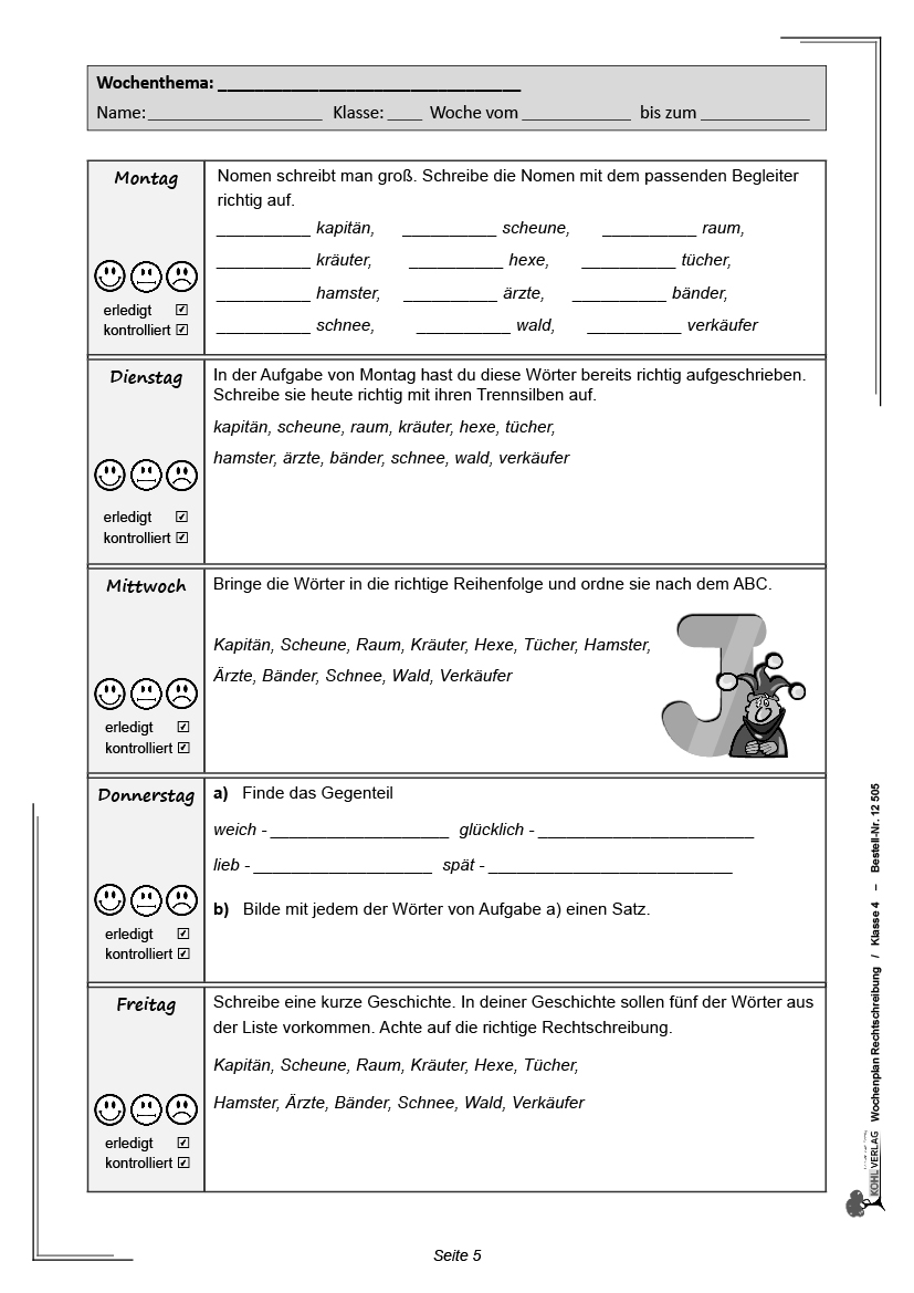 Wochenplan Rechtschreibung / Klasse 4