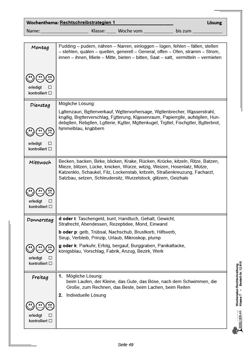 Wochenplan Rechtschreibung / Klasse 7