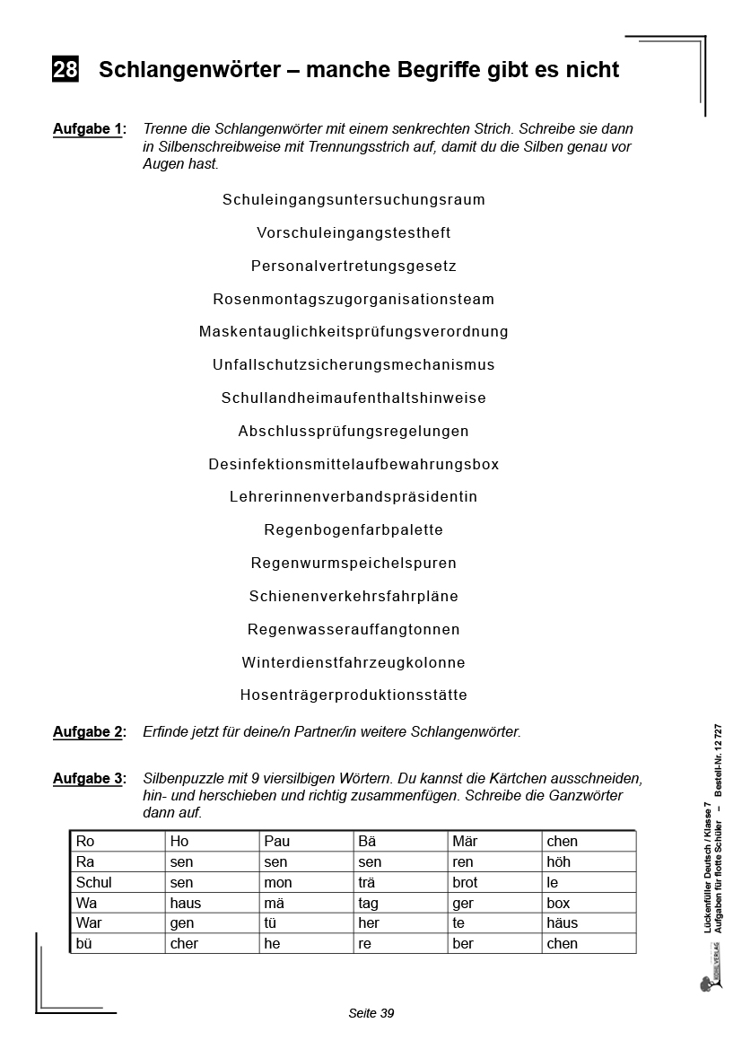 Lückenfüller Deutsch / Klasse 7