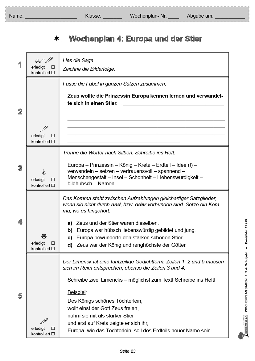 Wochenplan Sagen / Klasse 3-4