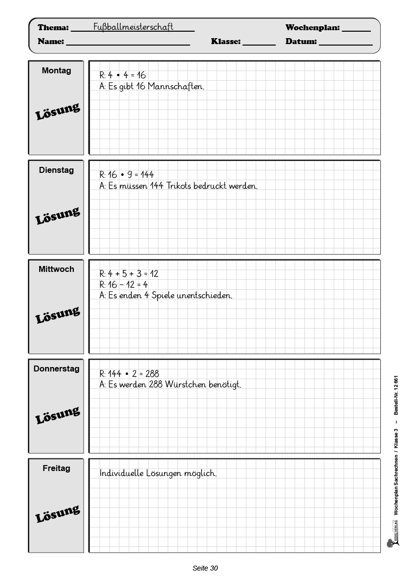 Wochenplan Sachrechnen / Klasse 3