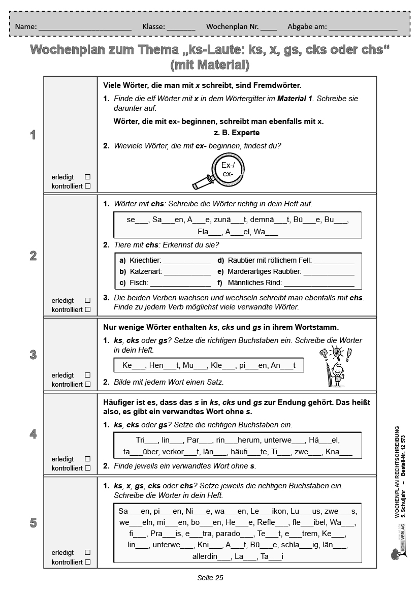Wochenplan Rechtschreibung / Klasse 5