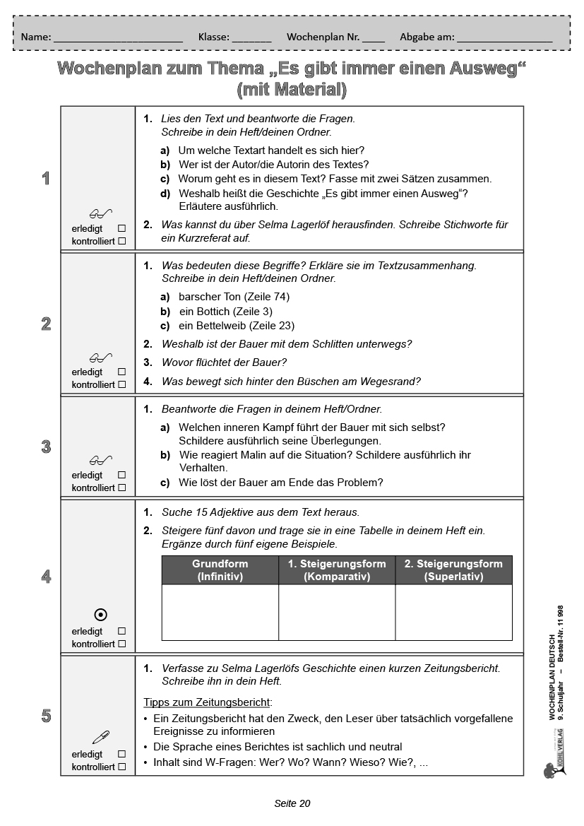 Wochenplan Deutsch / Klasse 9