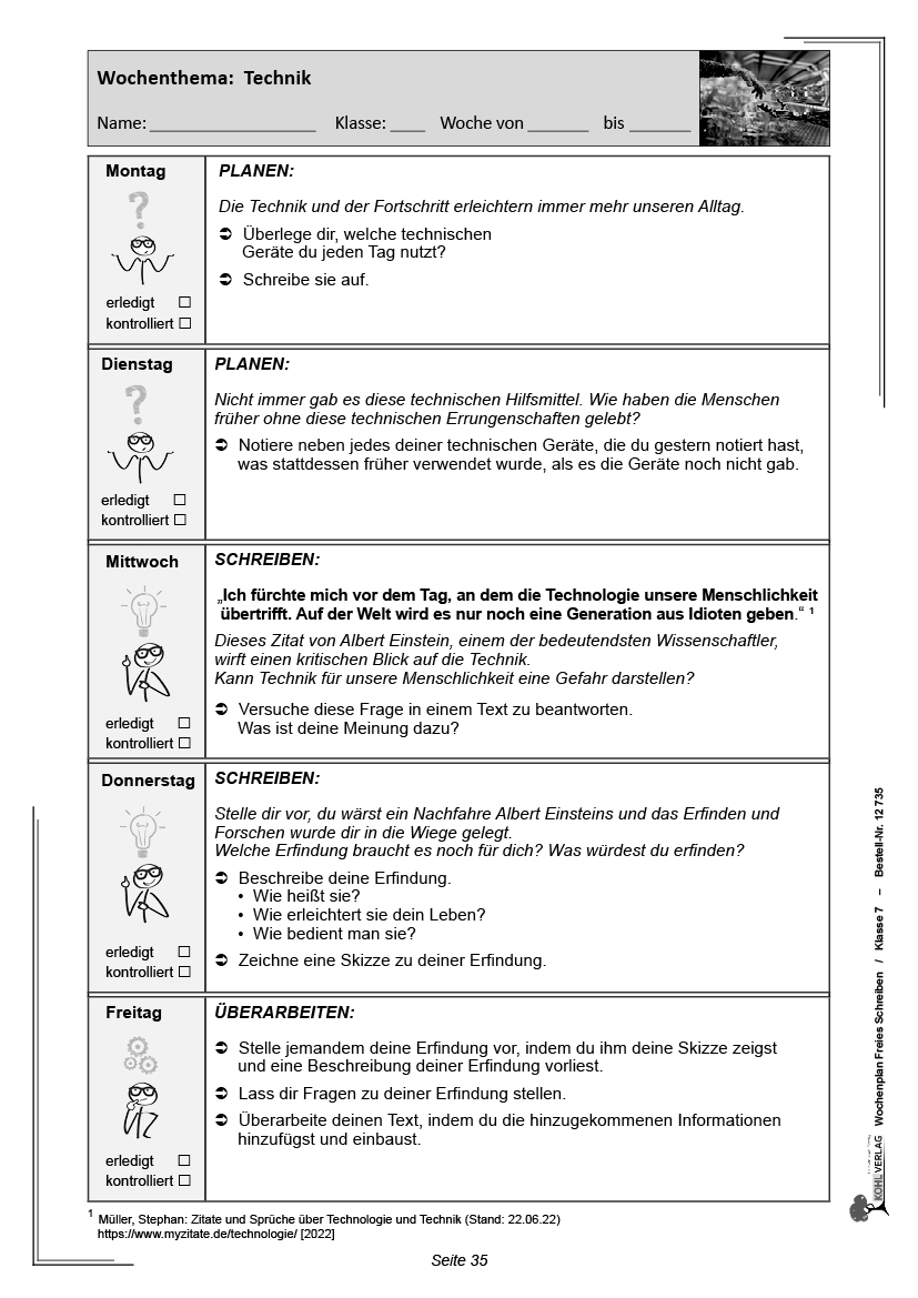 Wochenplan Freies Schreiben / Klasse 7