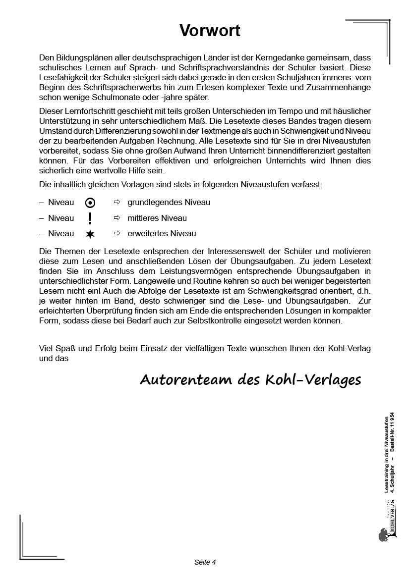 Lesetraining in drei Niveaustufen / Klasse 4