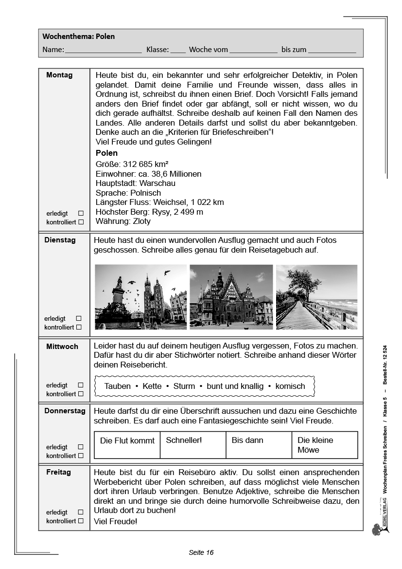 Wochenplan Freies Schreiben / Klasse 5