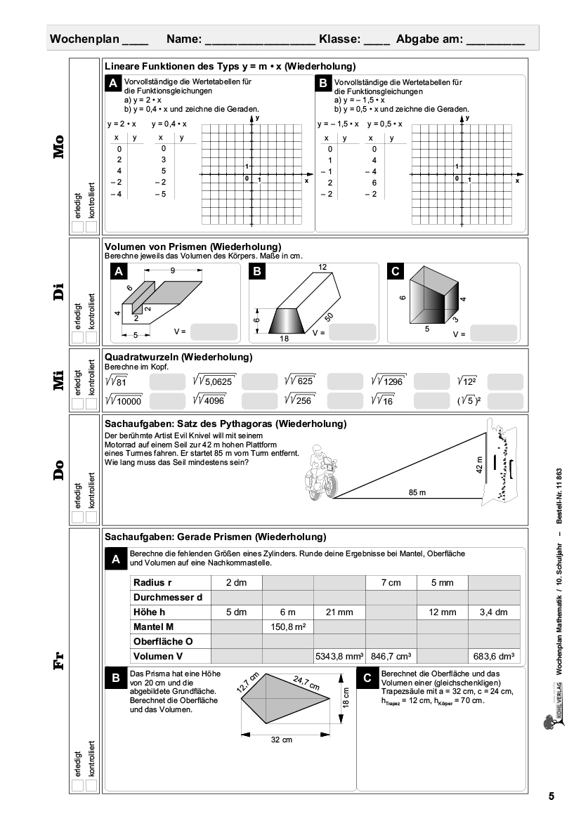 Wochenplan Mathe / Klasse 10