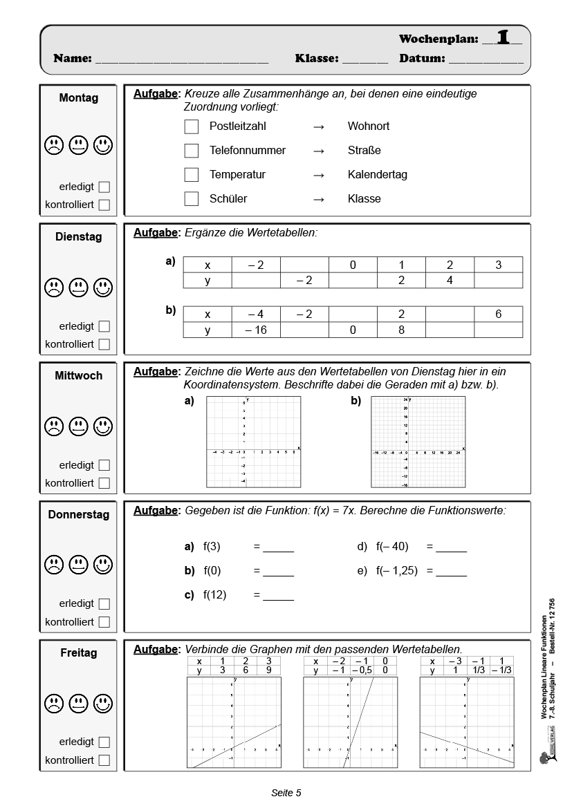 Wochenplan Lineare Funktionen / Klasse 7-8