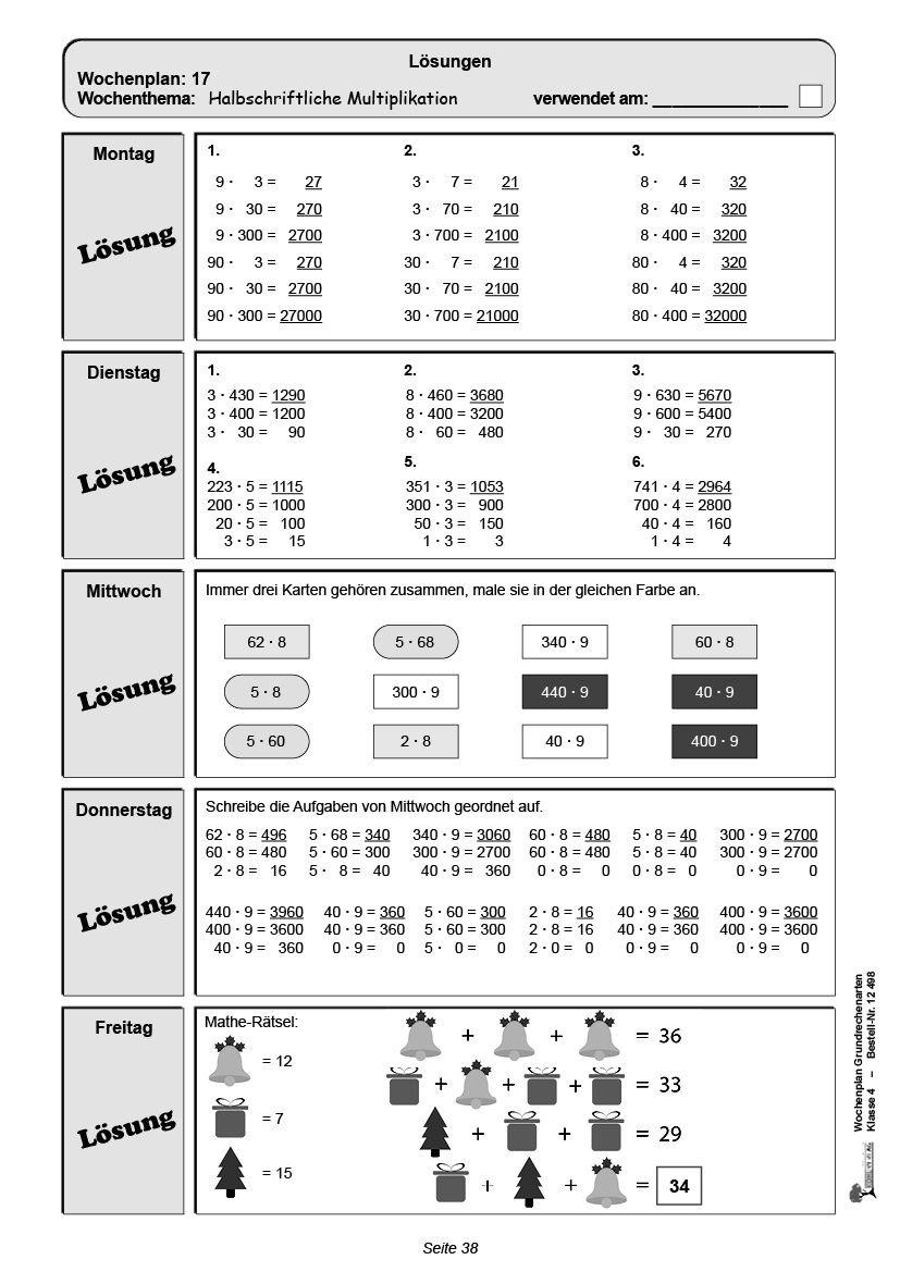 Wochenplan Grundrechenarten / Klasse 4