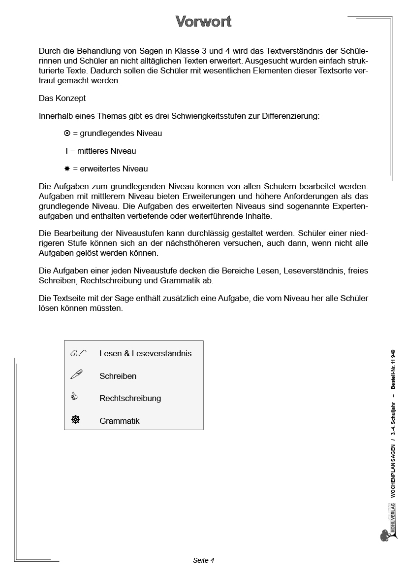 Wochenplan Sagen / Klasse 3-4