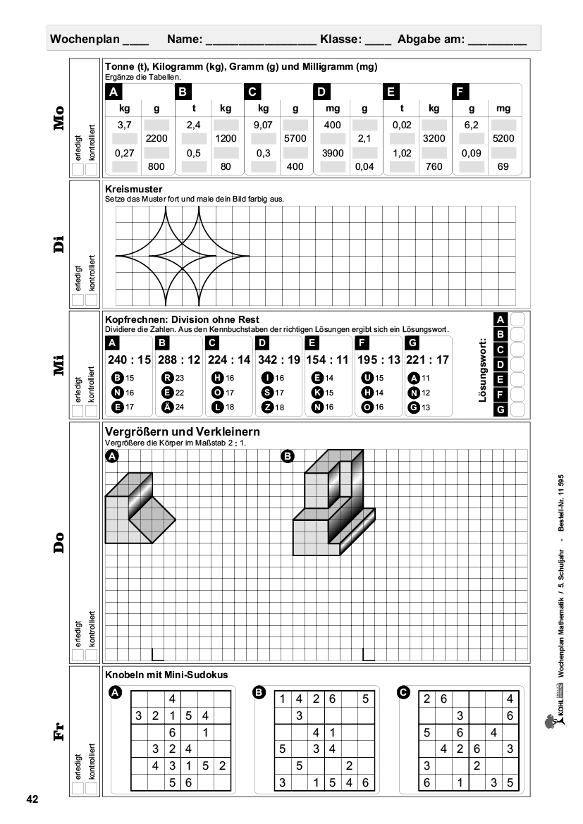 Wochenplan Mathe / Klasse 5