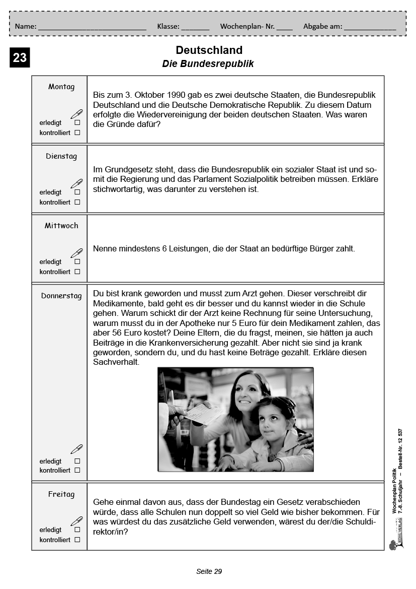 Wochenplan Politik / Klasse 7-8