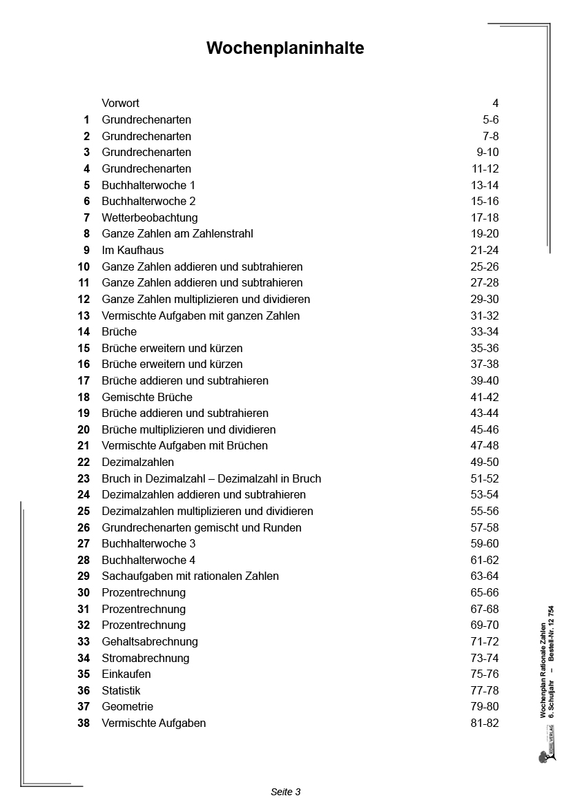 Wochenplan Rationale Zahlen / Klasse 6