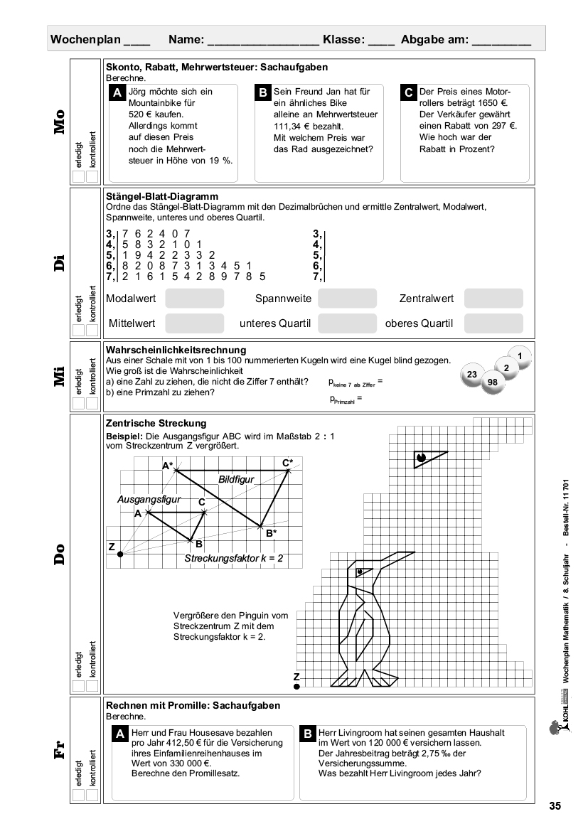 Wochenplan Mathe / Klasse 8
