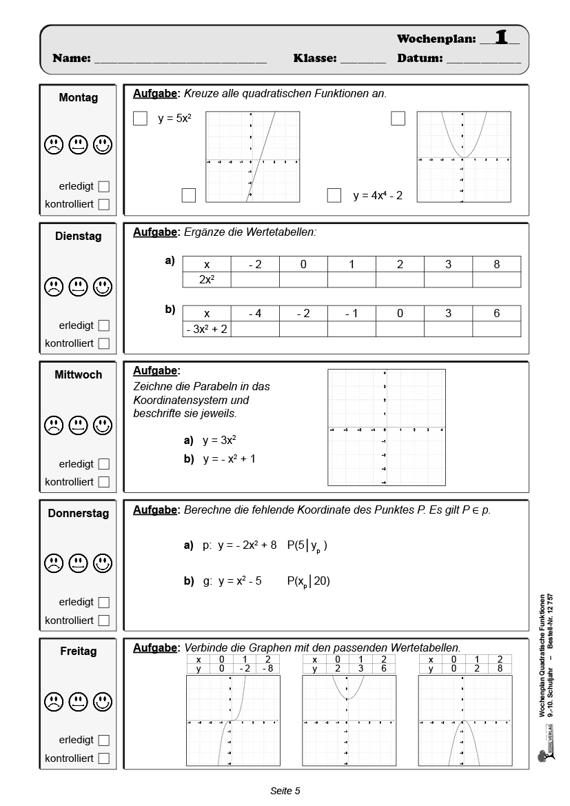 Wochenplan Quadratische Funktionen / Klasse 9-10